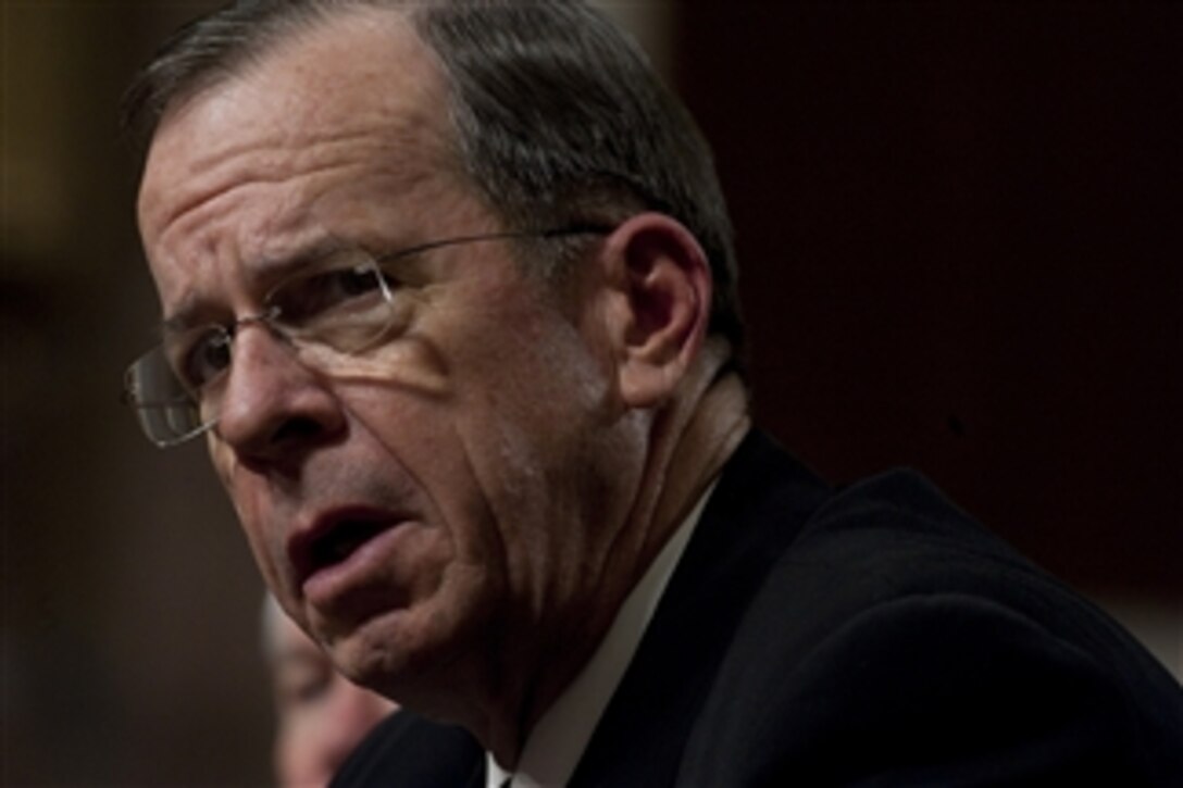 Chairman of the Joint Chiefs of Staff Adm. Mike Mullen testifies at a hearing of the Senate Armed Services Committee on operations in Libya at the Dirksen Senate Office Building in Washington, D.C., on March 31, 2011.  