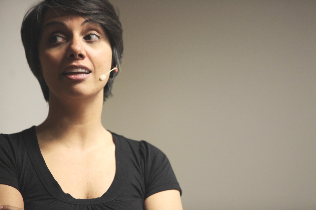 Sex Signals actress Fawzia Mirza tests the audience’s knowledge about sexual assault and date rape prevention at Marine Forces Reserve Headquarters here April 1. Sex Signals is an improv comedy-styled sexual assault prevention show. The 90-minute Catharsis Productions presentation featured two actors playing out a series of comedic and more serious date rape and sexual assault scenarios.