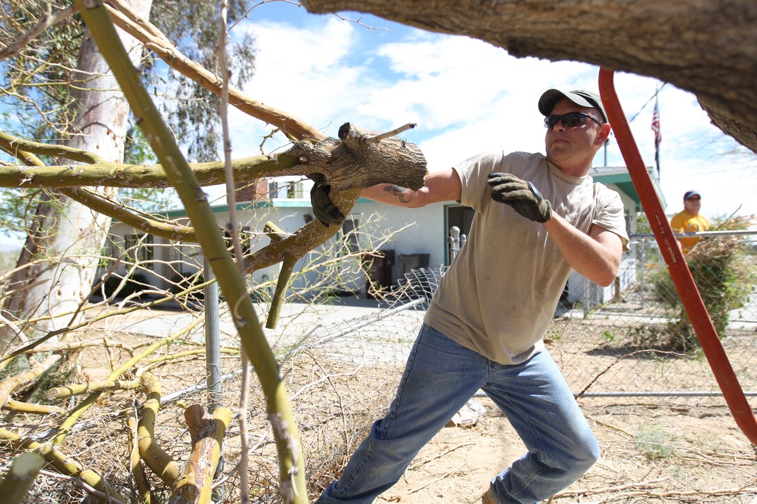 Petty Officer 1st Class Jerry Wolf, a corpsman with the 23rd Dental Company, yanks out a branch from a fallen tree that broke part of Ronald Rich’s fence while volunteering at the elderly retired Navy master chief’s house April 2, 2011.::r::::n::