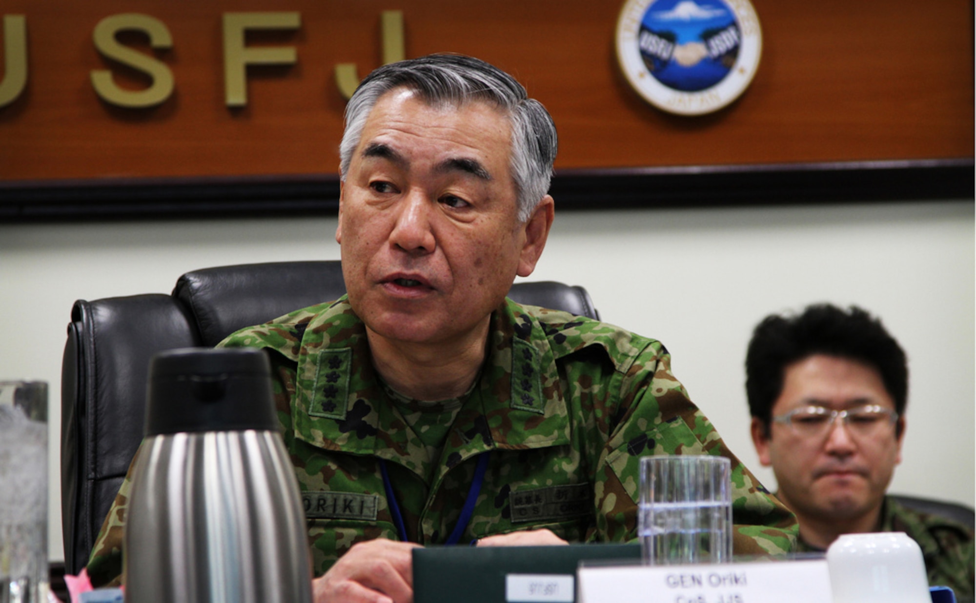YOKOTA AIR BASE, Japan -- General Ryoichi Oriki, Chief of Staff, Joint Staff, Japan, addresses the Joint Support Force staff during an update brief here Apr. 2, 2011 regarding U.S military and Japan Self Defense Forces coordinated operations associated with Operation Tomodachi. (U.S. Army photo by Spc. Tiffany Dusterhoft)
