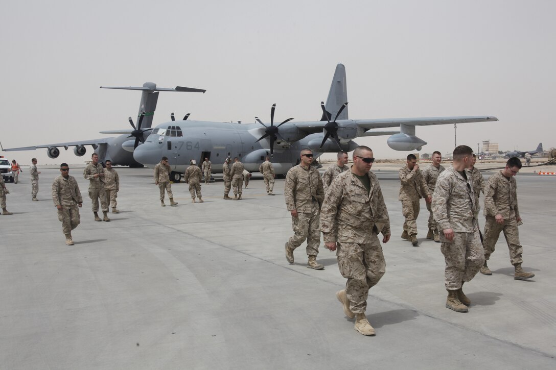 - Marines from Marine Medium Tiltrotor Squadron 266 exit a Marine Aerial Refueler Transport Squadron 252 KC-130J, April 3. The aircraft deployed in support of the Marine Medium Tiltrotor Squadron 266 retrograde received fuel at the air base prior to reach