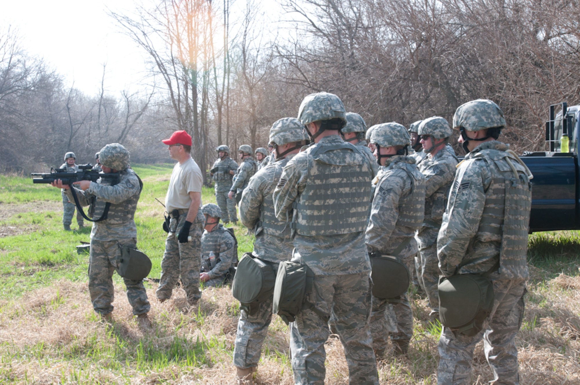 Members of the 139th Security Forces Squadron train for an upcoming deployment to Iraq, Sunday, April 3, 2011, on Rosecrans Memorial Airport, St. Joseph, Mo. (U.S. Air Force photo by Airman 1st Class Kelsey Stuart)
