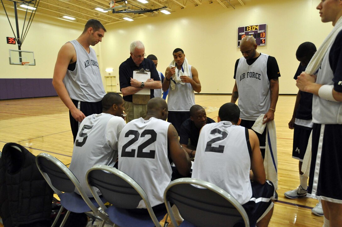 The Air Force basketball team (white) scrimmages the American Basketball Associations Minnesota Blizzards (blue) at the Minneapolis-St. Paul International Airport Air Reserve Station, Minn., April 2 2011. (Air Force Photo/TSgt Bob Sommer)