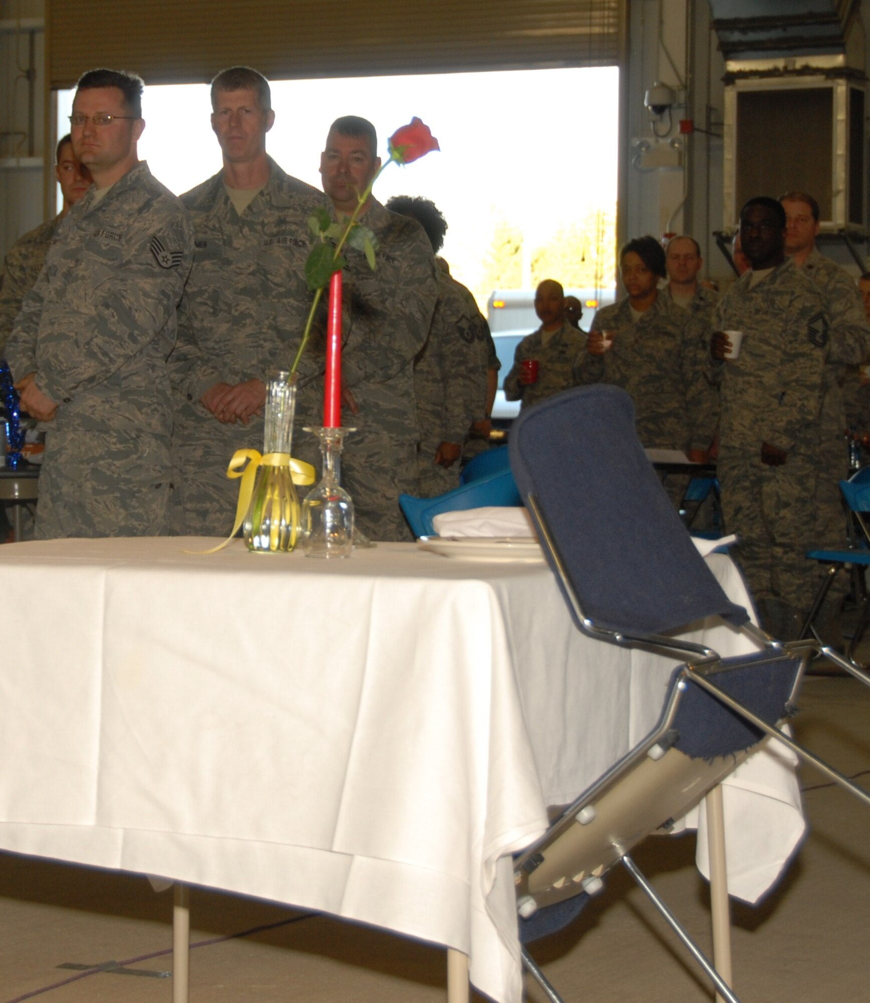 The POW/MIA table is set up as a way to remember those military members who are missing.