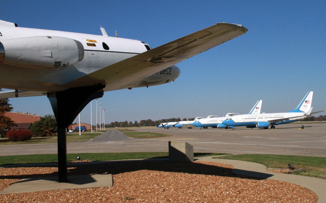 Several blue, white, and gold-colored C-9C and C-40C planes belonging to the 932nd Airlift Wing glisten in the sunshine.  The wing flies three of each distinguished visitor aircraft and is located near Belleville.  (U.S. Air Force photo/Maj. Stan Paregien) 