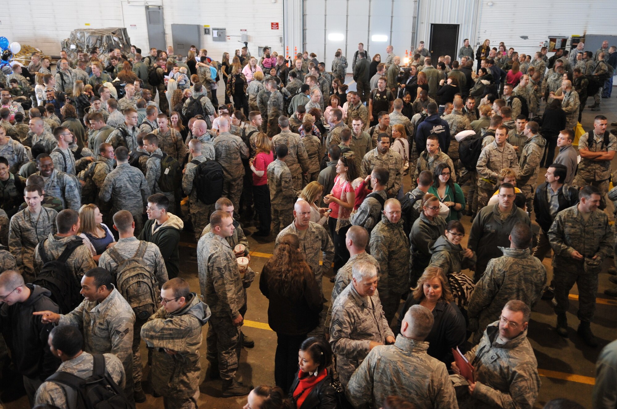 MINOT AIR FORCE BASE, N.D. – Members of the 5th Bomb Wing return home here on April 4 from a six month deployment to Andersen AFB, Guam. Minot’s 69th Bomb Squadron and 5th Bomb Wing personnel deployed to Andersen AFB last November in support of U.S. Pacific Command’s Continuous Bomber Presence. This was the 69th BS’ first deployment since it’s reactivation in September 2009 and the first major combat deployment of aircraft and personnel since World War II. (U.S. Air Force photo/ Airman 1st Class Jessica McConnell)