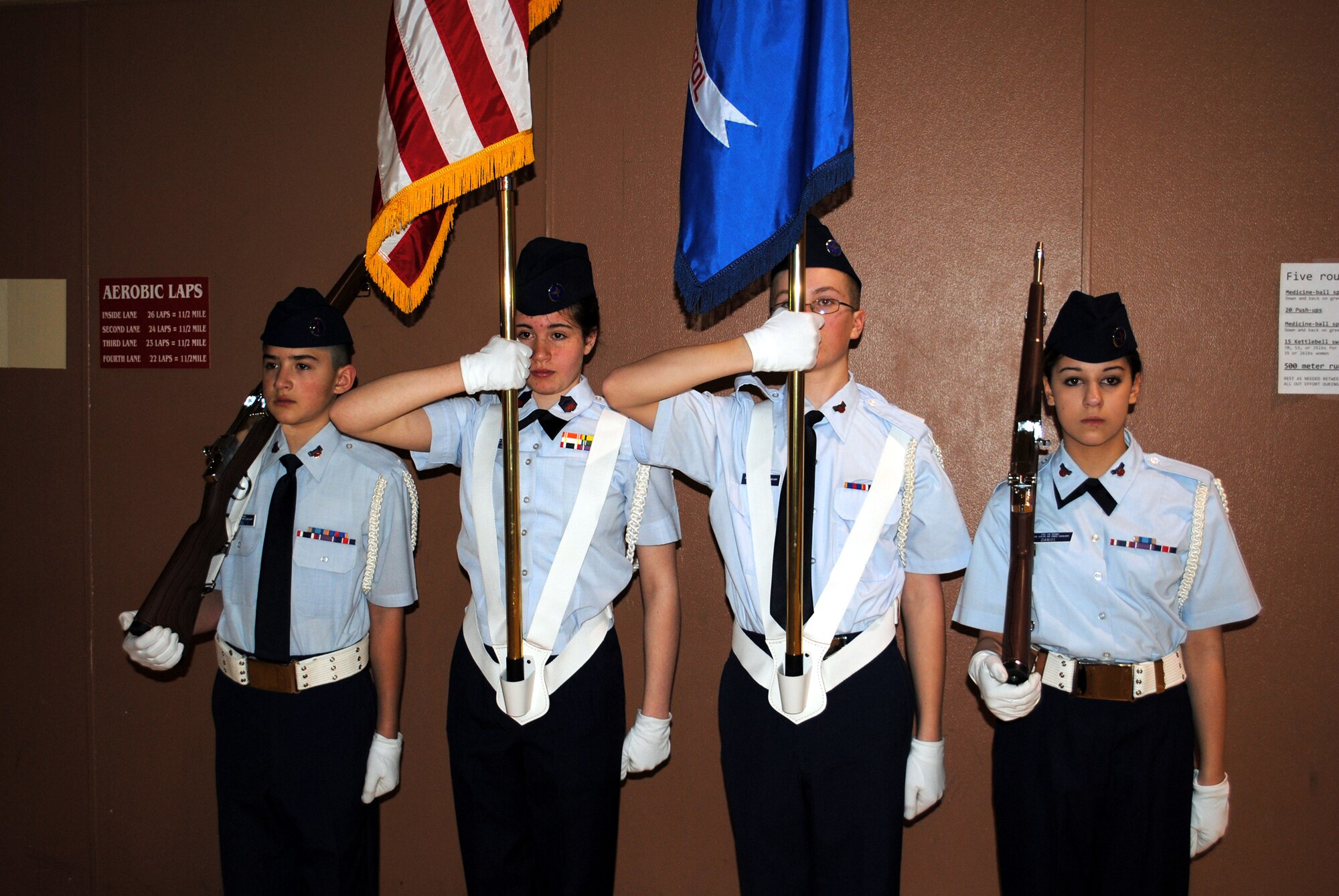 Four members of the Civil Air Patrol unit from Malmstrom participated in an evaluation March 26 which included standard drill. Pictured here from left to right are CAP Cadet Senior Airman Christopher Daniel, CAP Cadet Chief Master Sgt. Tash McKelvey, CAP Cadet Senior Airman Benjamin Bryant and CAP Cadet Airman 1st Class Lauren Daniel. (U.S. Air Force photo/Airman Cortney Hansen)