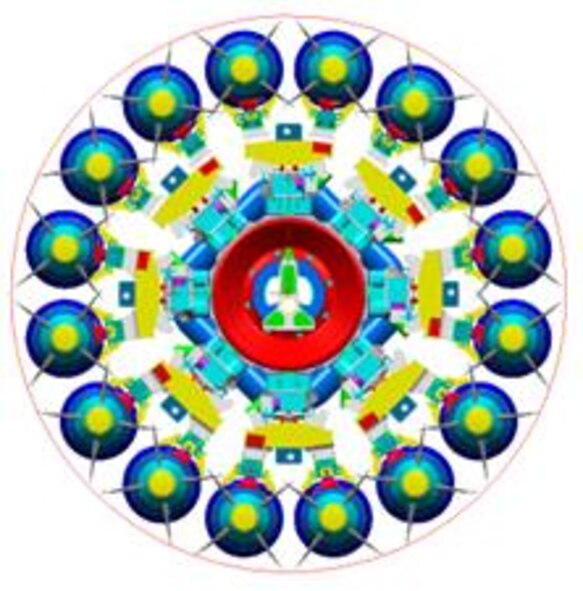 An illustration of what a full load of 500-pound Joint Direct Attack Munitions would look like on the Multiple Ejector Rack upgrade. If fielded, a 16-carry modified rotary launcher will increase the number of 500-pound Joint Direct Attack Munitions and Laser Guided JDAMS carried by the B-1 from 15 to 48, a 320 percent increase in capability. 