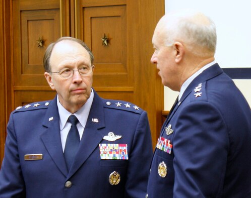 As part of the deliberation of the President’s Fiscal Year 2012 Budget Request, Lt. Gen. Charles E. Stenner Jr., and Lt. Gen. Harry M. Wyatt III converse prior to testifying for the House Armed Services Committee’s Subcommittee on Tactical Air and Land Forces.  General Wyatt is the director of the Air National Guard.  General Stenner is the chief of the Air Force Reserve and commander of the Air Force Reserve Command.  He leads 34 wings with an authorized manning of 71,200 Reservists.  The new budget proposal requests an increase of Air Force Reserve manpower to 71,400 by the end of FY 2012. (U.S. Air Force photo/Col. Bob Thompson)