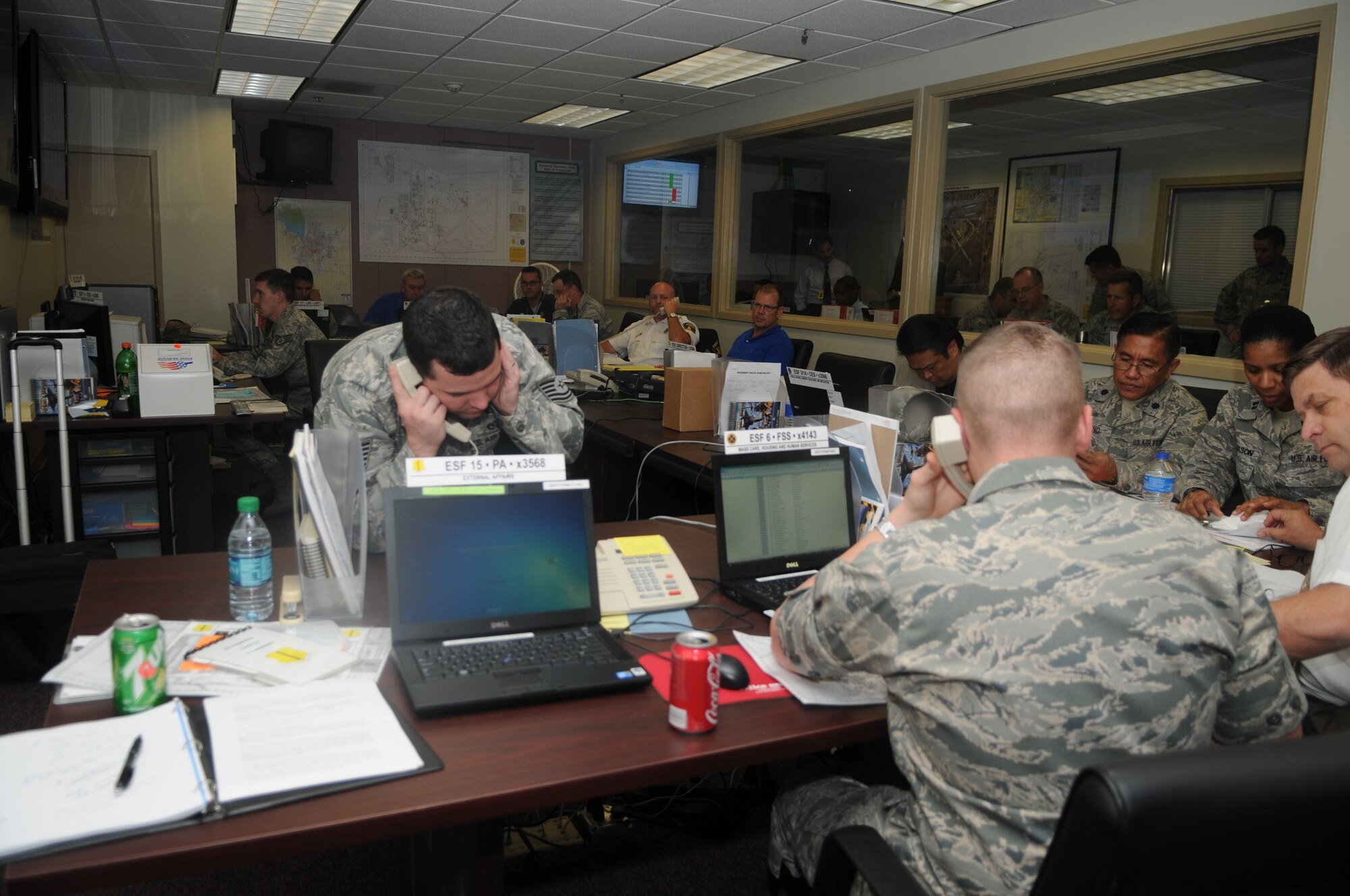 GOODFELLOW AIR FORCE BASE, Texas—Base personnel coordinate to implement the fastest possible response times during an active shooter exercise, March 26. They worked to ensure the situation was contained and injured servicemembers and civilians received quality service and care during the base-wide event. (U.S. Air Force photo/Staff Sgt. Heather Rodgers)