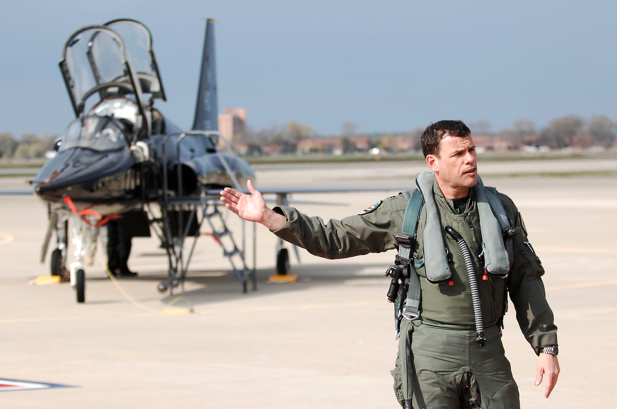 Col. Matthew Molloy, 1st Fighter Wing commander, presents the T-38 Talon at Langley Air Force Base, Va., April 1, 2011. The T-38, from Holloman AFB, N.M., is TDY here for six months to help train 1st FW pilots and prepare them for when it is permanently stationed here. (U.S. Air Force photo by Airman 1st Class Kayla Newman/Released)