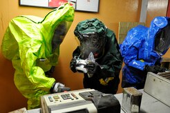 Members of the 79th Medical Wing and the 11th Civil Engineer Squadron, check for and photograph radiation spikes using an identiFINDER inside a mock diner at the Center for Center for National Response in Gallagher, West Virginia, March 29. Members from the 79 Medical Wing, 11 Civil Engineer Squadron and Air Force District of Washington participate in five days of exercises each year to sharpen their chemical, , radiological, nuclear or high-yield explosive readiness skills. (U.S. Air Force photo by Senior Airman Melissa V. Brownstein)