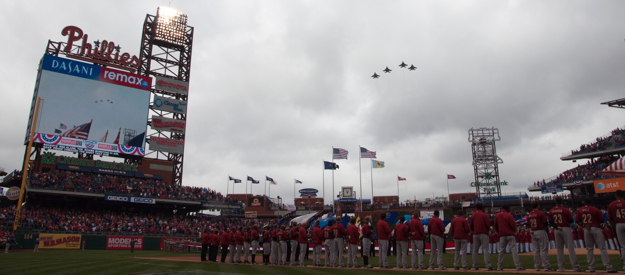 Three of four F-15E Strike Eagles from Seymour Johnson Air Force Base, N.C., performed a flyover for the first time using a blend of traditional jet fuel and biofuel.  The aircraft were participating in the Philadelphia Phillies Opening Day activities April 1, 2011.  (U.S. Air Force photo/Staff. Sgt. Ted Nichols)