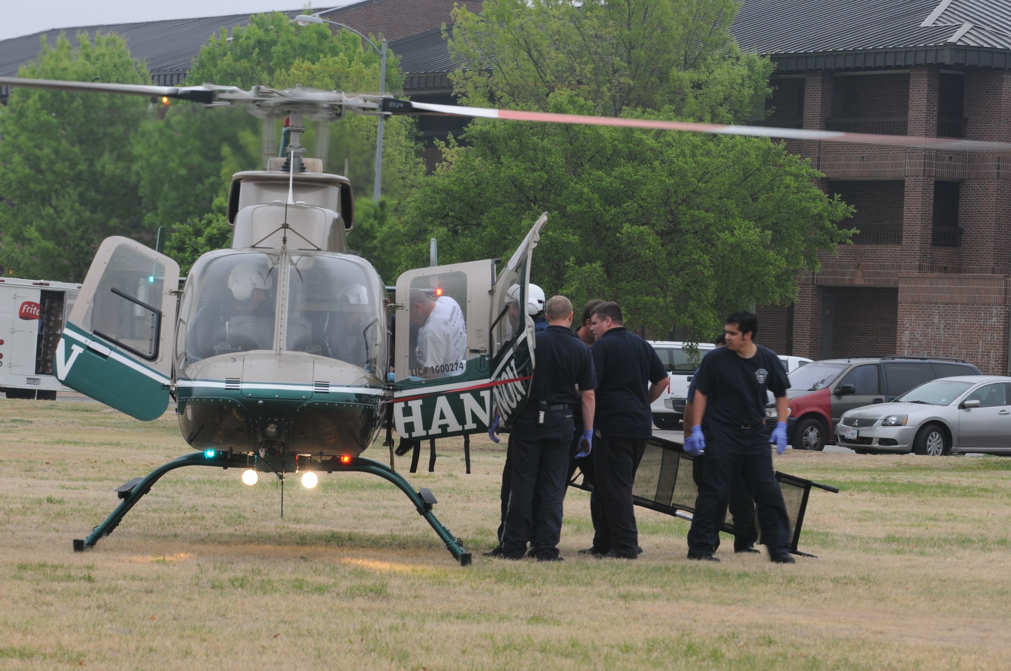 GOODFELLOW AIR FORCE BASE, Texas— A helicopter sent from the Shannon Medical Center, in San Angelo, responds to receive injured servicemembers for immediate medical care, March 26, during a base-wide active shooter exercise.  The San Angelo Fire Department also responded with ambulances and treated 19 wounded base personnel during the two-day exercise. (U.S. Air Force photo/Staff Sgt. Heather Rodgers)