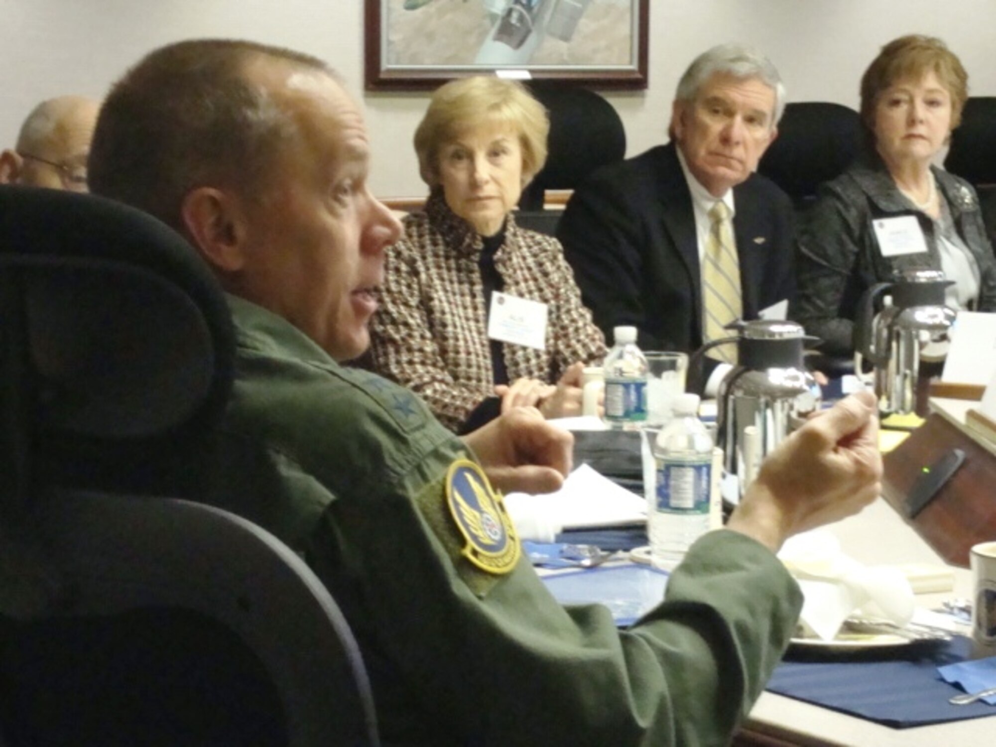 Gen. Donald Hoffman, commander of Air Force Materiel Command, meets with his
Community Liaison Program members March 30, 2011, at command headquarters. A
key discussion item for the group included Air Force efficiencies. Among those at the
meeting were (from left) Alis Odenthal, representing Edwards Air Force Base,
Calif., and Jim Apple and Janis Bowling, both representing Arnold Air Force
Base, Tenn. The commander's Community Liaison Program comprises civic leaders
from the cities and towns where AFMC's installations are located, with members
invited by center or wing commanders to represent to General Hoffman their
community partnerships with their installations. (U.S. Air Force photo/Rob
Ely)
