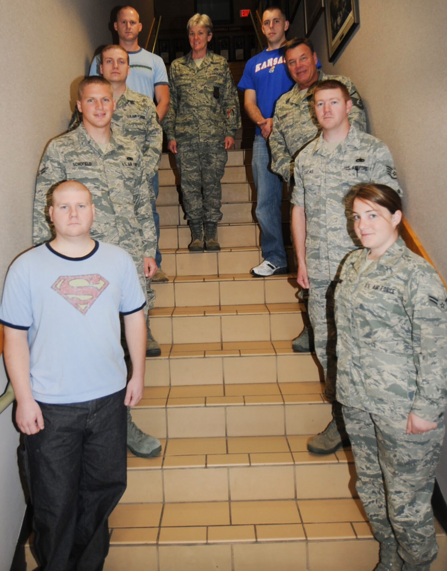 The 931st Air Refueling Group welcomed nine new members into its ranks. Pictured bottom left to top are Senior Airman Nathan Peacock, Airman First Class Michael Schofield, Tech. Sgt. William Booth, Staff Sgt. Thomas Wicks, and Senior Airman Derek McLaren and Master Sgt. Linda Thompson (top center). Pictured bottom right to top are Airman First Class Nicole Rushing and Staff Sgt. James Lucas, Master Sgt. Richard Tigges. The members completed a two-day newcomer's briefing.