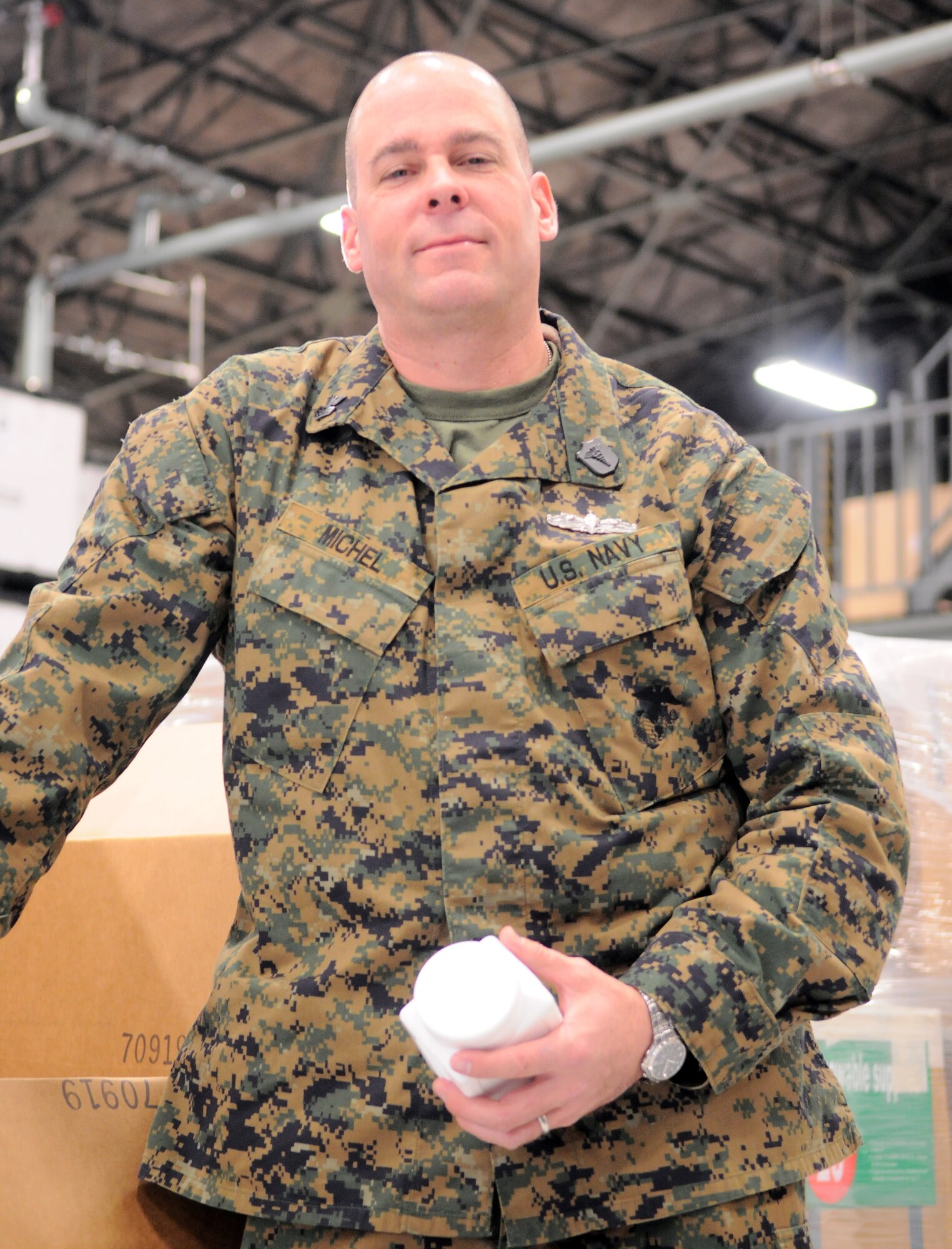 YOKOTA AIR BASE, Japan -- Navy Petty Officer 1st Class Stephen Michel, Navy Medical Center, San Diego, Calif., radiation health technician, poses for a photo here April 4, 2011. Petty Officer 1st Class Michel, a native of Clayton, Ohio, is temporarily deployed to Yokota Air Base in support of Operation Tomodachi. (U.S. Air Force photo/Airman 1st Class Krystal M. Garrett)