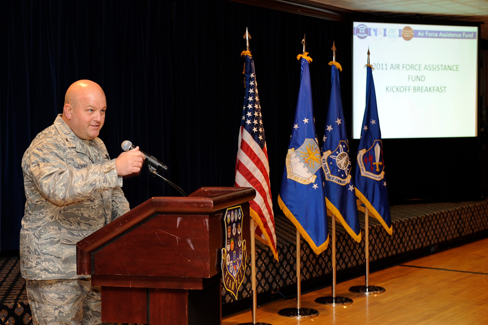 Col. Jim Jennings, 21st Space Wing vice commander, thanked Airmen March 29 at The Club who volunteered to be unit representatives for the 2011 Air Force Assistance Fund campaign on Peterson Air Force Base, underway now to May 6. Colonel Jennings said the AFAF has helped so many Airmen during times of emergency or family tragedy, including himself. There are more than 50 AFAF unit representatives who will take time in the next month to explain the campaign, the programs and the benefactors to every active-duty Airman and retired military personnel. The Peterson goal is to raise $91,615. (U.S. Air Force photo/Craig Denton) 