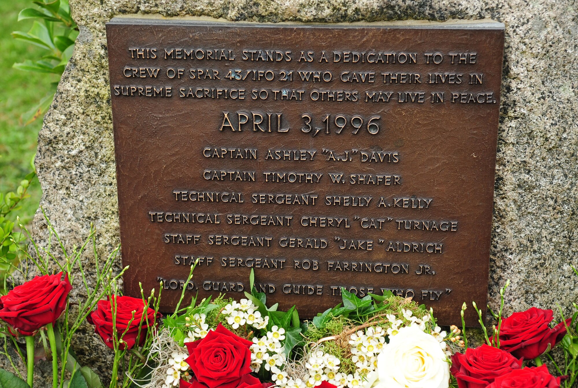 A memorial sits in front of the 76th Airlift Squardon building, Ramstein Air Base, Germany, April 1, 2011. The squadron honored the six crew members of flight IFO-21, a CT-43 aircraft that was assigned to the 76th AS and crashed outside of Dubrovnik Croatia on April 3, 1996 during a peacekeeping mission. This year marked the 15th anniversary. (U.S. Air Force photo by Senior Airman Brittany Perry)