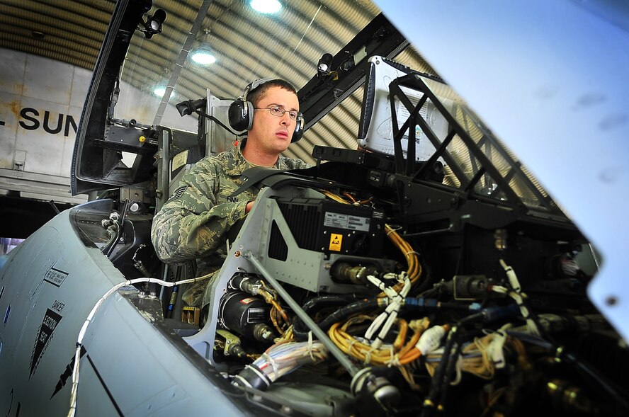 An electro-environmental technician, Tech. Sgt. Finn, performs an operations check on an A-10 at Osan Air Base, Republic of Korea, April 4. The base is practicing increased security measures during the 2011 Korea Pacific Air Forces Command Operational Readiness Inspection.  An ORI is conducted to evaluate and measure the ability of units with wartime, contingency or force sustainment mission to perform operations plan and assigned tasks.  Inspectable areas include initial response, employment, mission support and Ability-to-Survive and Operate in a chemical environment. (U.S. Air Force photo/Staff Sgt. Daylena Gonzalez)