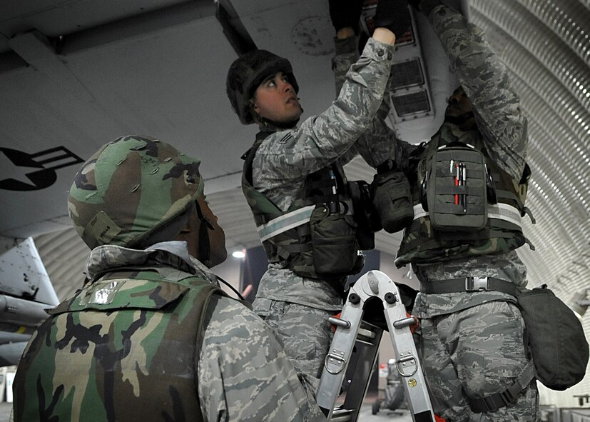 Airmen from the 51st Maintenance Operations Squadron load an A-10 with flares and chaff at Osan Air Base, Republic of Korea, April 4.  The base is practicing increased security measures during the 2011 Korea Pacific Air Forces Command Operational Readiness Inspection.  An ORI is conducted to evaluate and measure the ability of units with a wartime, contingency orforce sustainment mission to perform operations plan and assigned tasks.  Inspectable areas include initial response, employment, mission support and Ability-to-Survive and Operate in a chemical environment.  (U.S. Air Force Photo by Senior Airman Evelyn Chavez)