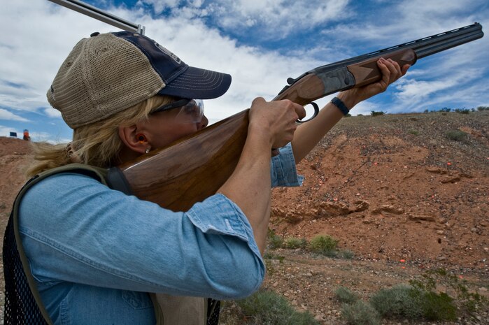 NELLIS AIR FORCE BASE, Nev. -- Country singer, Julie Ingram shoots skeet for a charity event held on the Nellis gun club's skeet range April 2. Country music stars came to Nellis to participate in a charity skeet shooting event and perform a free concert for military members and their families. ( U.S Air Force Photo by Airman 1st Class Daniel Hughes)