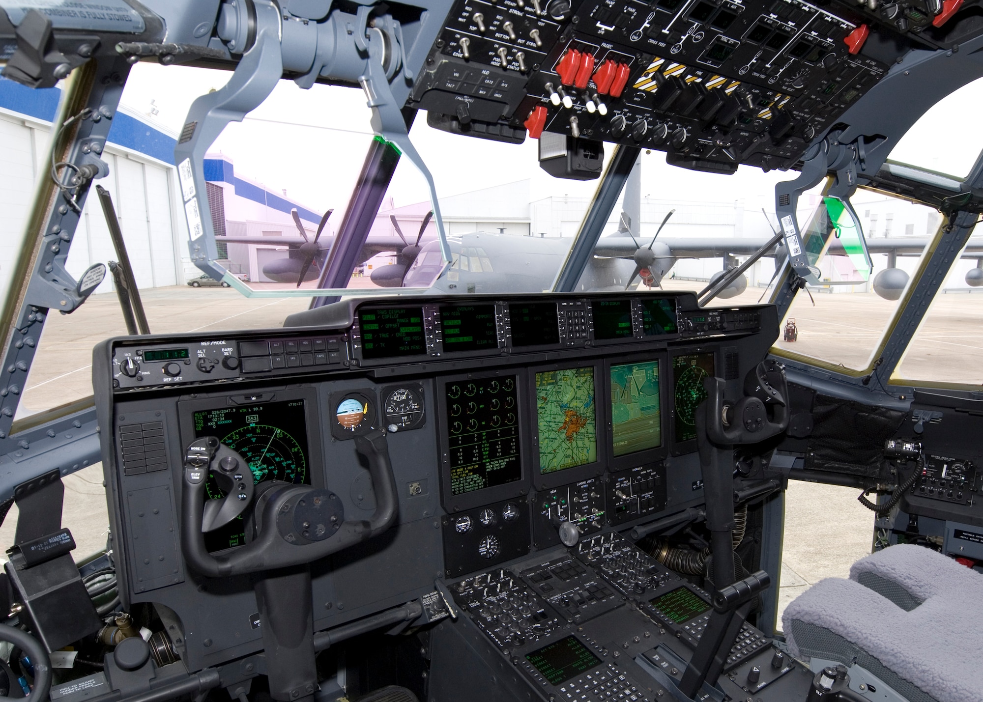 A cockpit view of the MC-130J displays the state-of-the-art technology utilized by Air Force Special Operations Command's newest aircraft.  The aircraft was unveiled at Lockheed Martin in Mariette, Ga., March 29, 2011. (U.S. Air Force photo by Master Sgt. Scott MacKay/RELEASED) 
