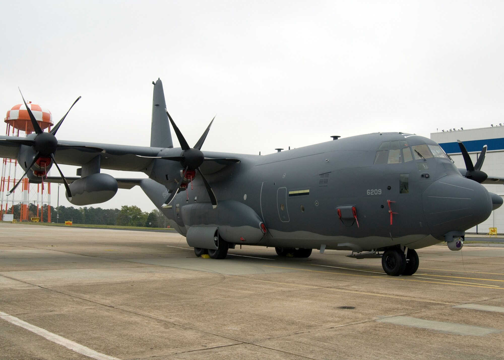 The MC-130J, Air Force Special Operations Command's newest aircraft, sits on the tarmac after its unveiling at Lockheed Martin in Marietta, Ga., March 29, 2011. The MC-130J is the newest aircraft in AFSOC's inventory. (U.S. Air Force photo by Master Sgt. Scott MacKay/RELEASED)
