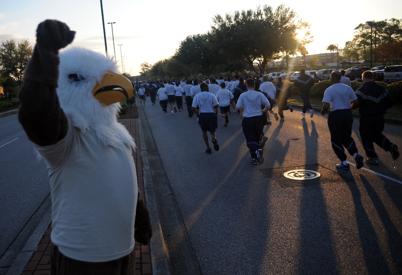 Ernie the Eagle cheers on Airmen as they start the Commander's Fitness Run April 1, 2011 on Joint Base Charleston, S.C. Ernie is the mascot for the 1st Combat Camera squadron on Joint Base Charleston. (U.S. Air Force photo/Senior Airman Timothy Taylor)(Released)
