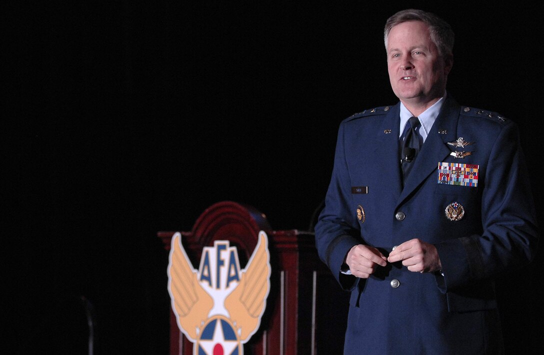 Air Force Chief Information Officer Lt. Gen. William T. Lord addressed modern cyberspace threats and the impact of social networking at the Air Force Association Cyber Futures Symposium and Convention April 1, 2011, in Oxon Hill, Md. (U.S. Air Force photo/Staff Sgt. Tiffany Trojca)
