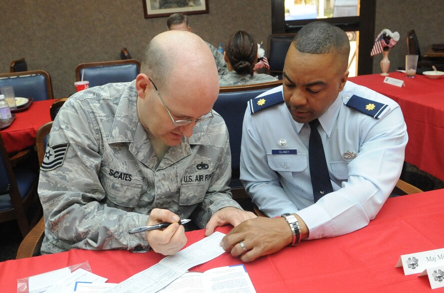 Tech. Sgt. Shawn Scates, from the 39th Maintenance Squadron, and an Air Force Assistance Fund unit project officer, assists Maj. Michael Clancy, the 39th Maintenance Squadron commander, in completing his AFAF donation form.  The AFAF is an annual on-the-job-fund-raising campaign that benefits Air Force official charitable organizations. The theme for 2011 is “Commitment to Caring.”  The campaign for Team Incirlik will run from March 29 to May 6. (U.S. Air Force photo by Tech. Sgt. Valda Wilson/Released)