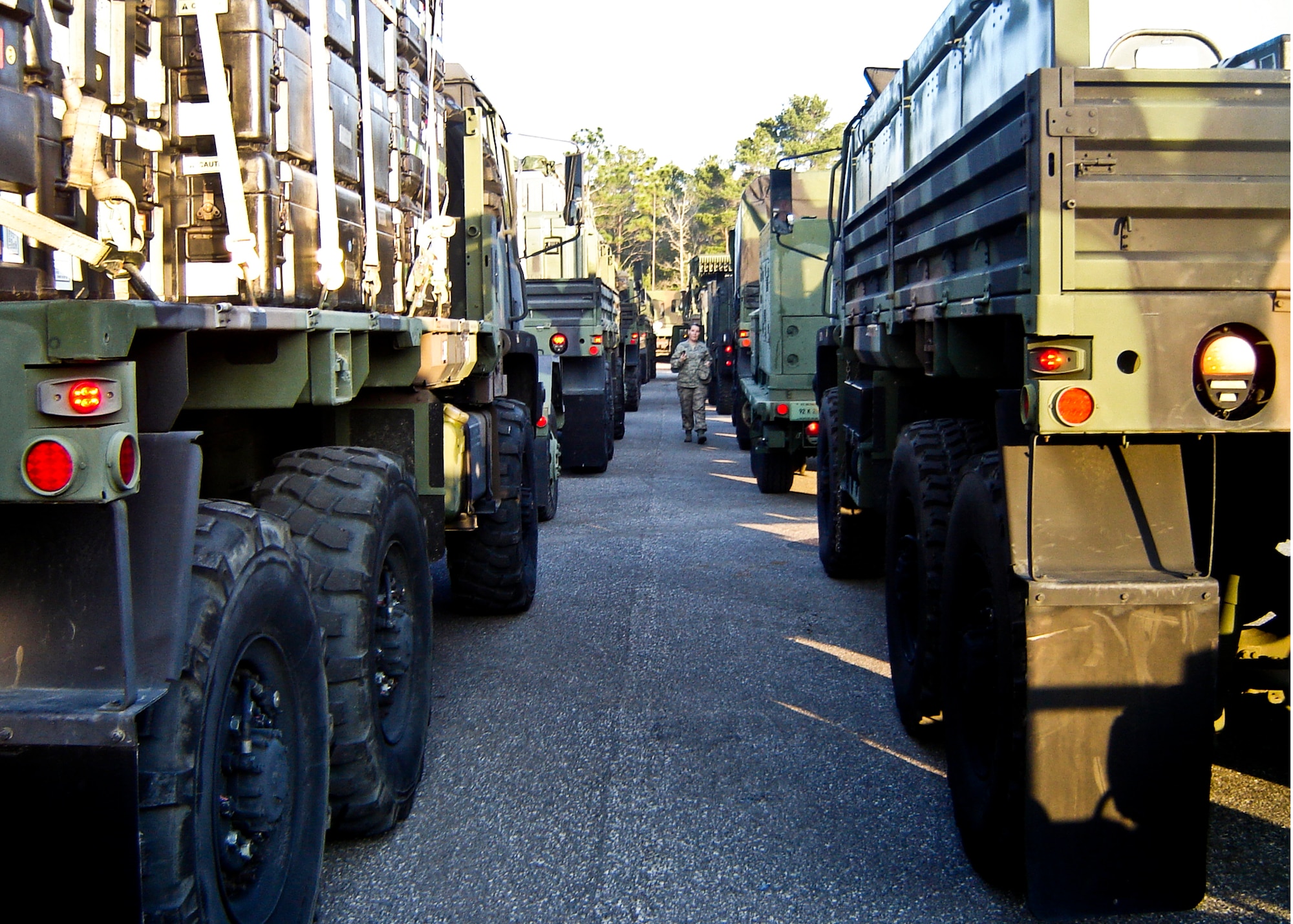 Trucks belonging to the 728th Air Control Squadron carry equipment to support a10-day large-scale field training exercise, the first in more than two years.  (U.S. Air Force photo/Lois Walsh)