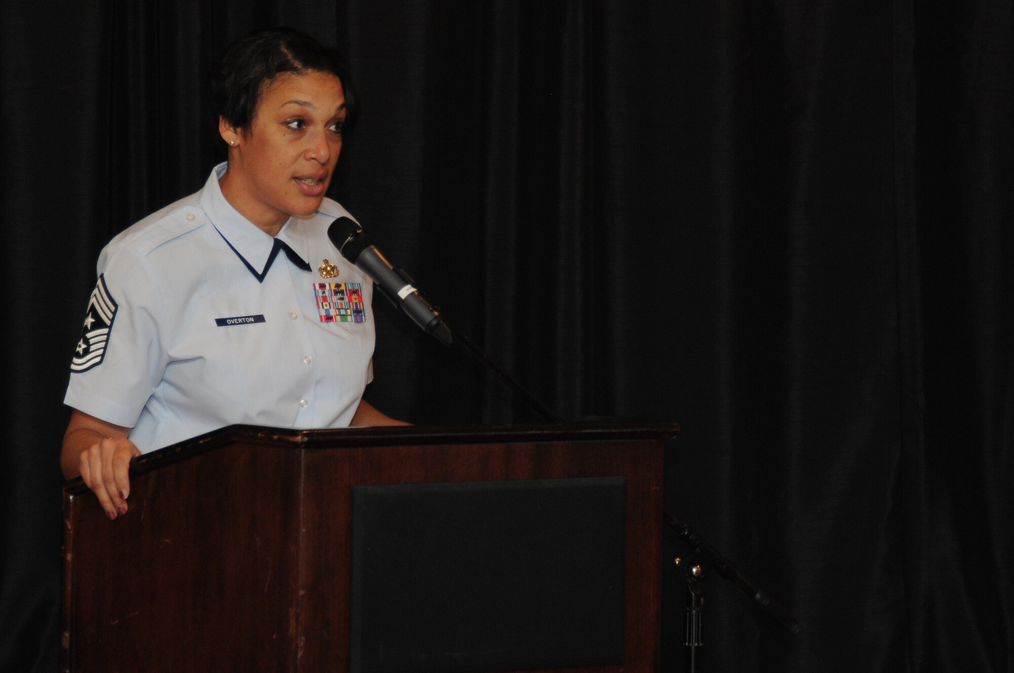 ANDERSEN AIR FORCE BASE, Guam - Chief Master Sergeant Margarita Overton, 36th Wing command chief speaks during the Women?s History Month luncheon at Top of The Rock, April 5. Chief Overton touched basis on her keeping it REAL policy, diversity of women within the military and her own experiences becoming a command chief.(U.S. Air Force photo/Senior Airman Carlin Leslie)