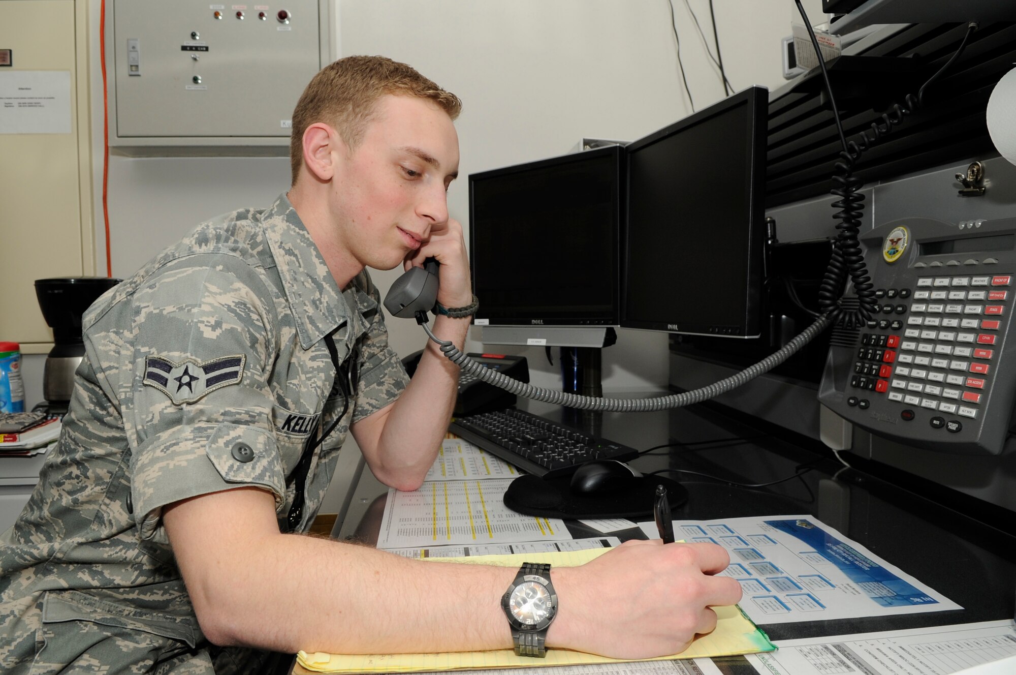 U.S. Air Force Airman 1st Class Richard T. Kelly, an emergency actions controller with the 35 Fighter Wing from Misawa Air Base, and a Pataskala, Ohio-native, coordinates with base agencies to organize the planning, execution and evaluation phases of operations. The command post also tracks aerospace resources and monitors mission status.