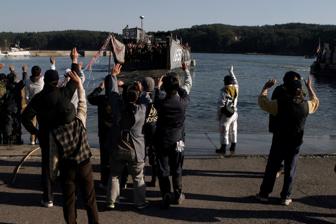 Hundreds of residents of Oshima Island wave farewell to Marines and Sailors of the 31st Marine Expeditionary Unit, April 6. The Marines and Sailors spent about six days cleaning up debris on parts of the island, during Operation Field Day.  The 31st MEU’s involvement is part of the larger Operation Tomodachi, coordinated after a 9.0 earthquake and subsequent tsunami struck Japan causing widespread damage. The 31st MEU remains ready to support its Japanese partners and to provide assistance when called upon.