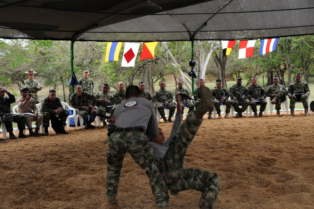 Senior Enlisted Leaders representing Chile, Colombia, Dominican Republic, Ecuador, El Salvador, Guatemala, Honduras, Panama, Paraguay, Peru, Uruguay and the U.S. observe a martial arts demonstration by Colombian Marines at the Colombian Marine Corps Regional Training Center in Covenas, Colombia as part of the Senior Enlisted Marine Leaders of the Americas conference.