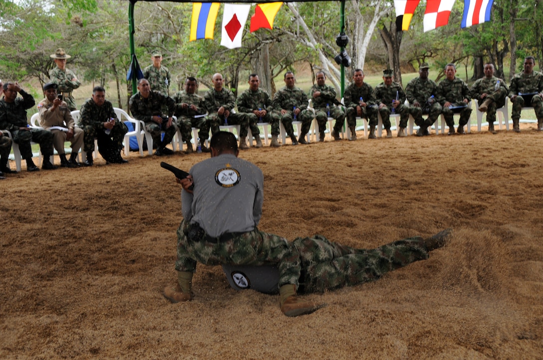 Senior Enlisted Leaders representing Chile, Colombia, Dominican Republic, Ecuador, El Salvador, Guatemala, Honduras, Panama, Paraguay, Peru, Uruguay and the U.S. observe a martial arts demonstration by Colombian Marines at the Colombian Marine Corps Regional Training Center in Covenas, Colombia as part of the Senior Enlisted Marine Leaders of the Americas conference.
