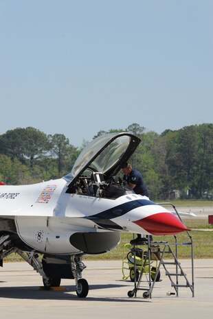 The U.S. Air Force Thunderbirds arrive at Joint Base Charleston, S.C., April 6. The Thunderbirds are scheduled to perform Saturday, April 9 during the 2011 Air Expo along with the U.S. Army Special Operations Black Daggers Jump team, Tora! Tora! Tora!, the GEICO Skytypers, a B-25 Bomber, Air Combat Command demonstrations teams and much more. 
