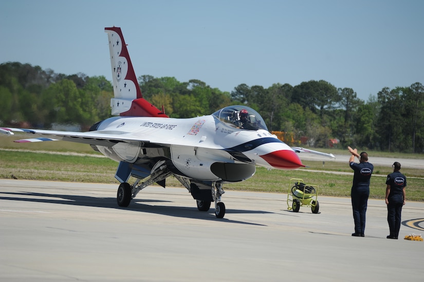 The U.S. Air Force Thunderbirds arrive at Joint Base Charleston, S.C., April 6. The Thunderbirds are scheduled to perform Saturday, April 9 during the 2011 Air Expo along with the U.S. Army Special Operations Black Daggers Jump team, Tora! Tora! Tora!, the GEICO Skytypers, a B-25 Bomber, Air Combat Command demonstrations teams and much more.