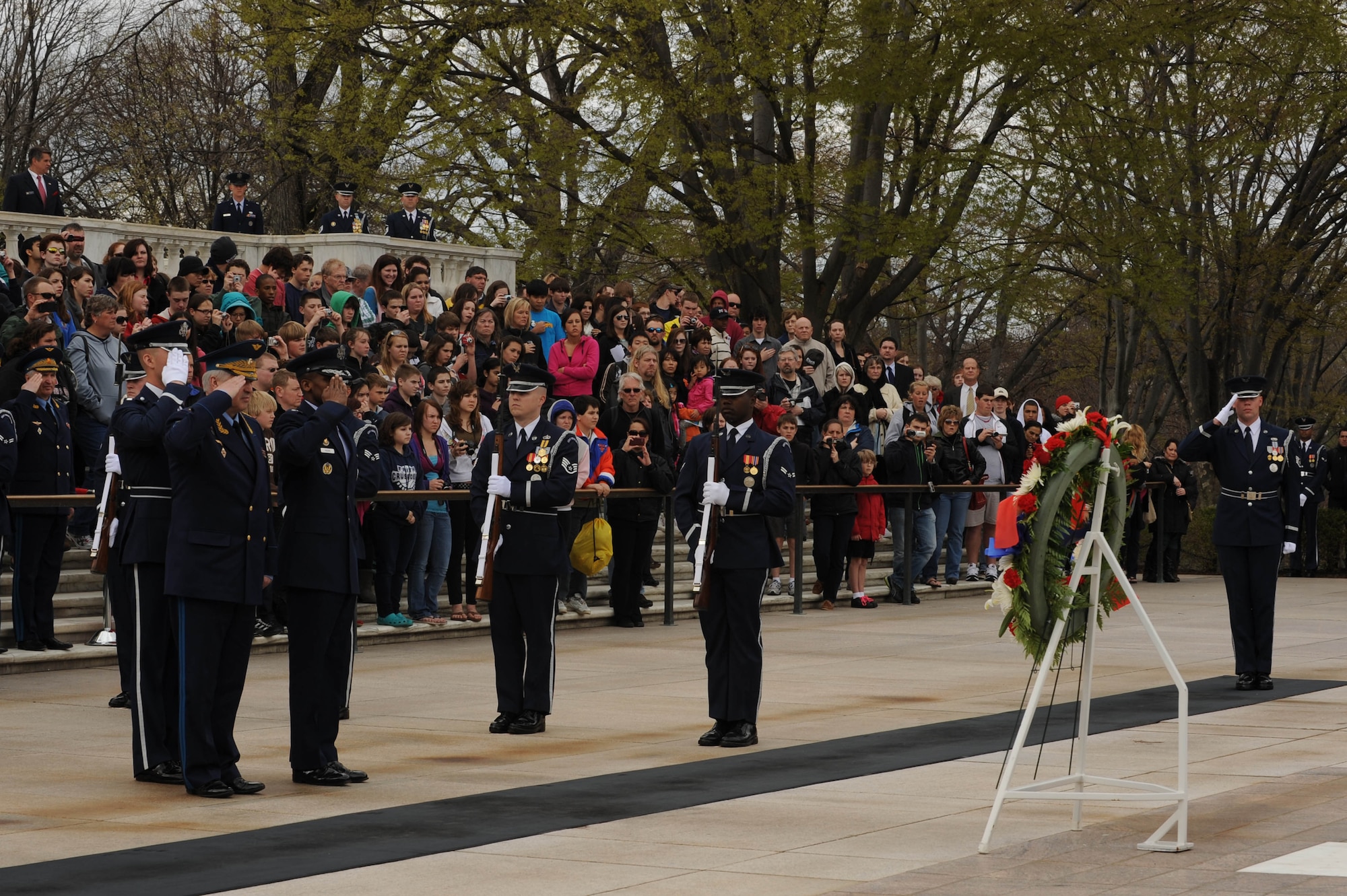 Gen. Col. Alexander Nikolyevich Zelin, Commander-in-Chief of the Russian Air Force and Maj. Gen. Darren W. McDew, Air Force District of Washington commander, salute the wreath at The Tomb of The Unknowns April 5, at Arlington National Cemetery, Arlington VA. The wreath laying ceremony honors all fallen service members. (U.S. Air Force photo by Senior Airman Christopher Ruano)