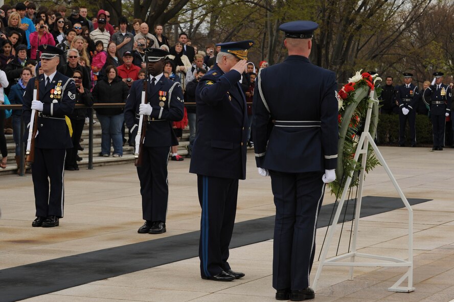 Gen. Col. Alexander Nikolyevich Zelin, Commander-in-Chief of the Russian Air Force, salutes the wreath at the Tomb of The Unknowns April 5 at Arlington National Cemetery, Arlington Va. The wreath laying ceremony honors all fallen service members. (U.S. Air Force photo by Senior Airman Christopher Ruano)