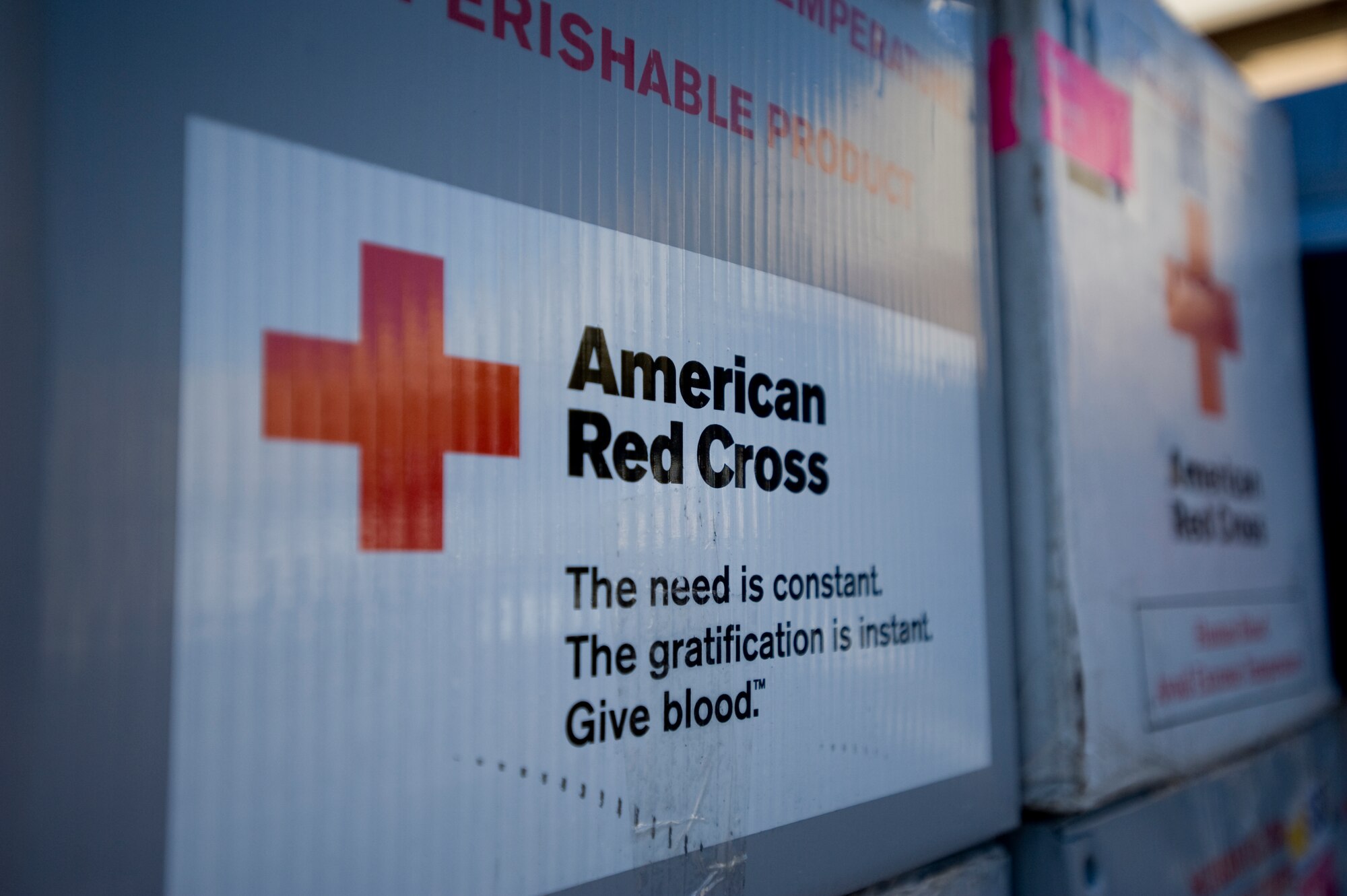 A box of donated blood from McConnell is shipped to a blood bank Feb. 4, 2011, McConnell Air Force Base, Kan. Airmen donated during a national shortage caused by thousands of blood drive cancellations throughout the nation. The American Red Cross headquarters thanked McConnell and other supporters with a full page “thank you ad" in the USA Times. (U.S. Air Force photo/Staff. Sgt. Michael M. Schocker) 