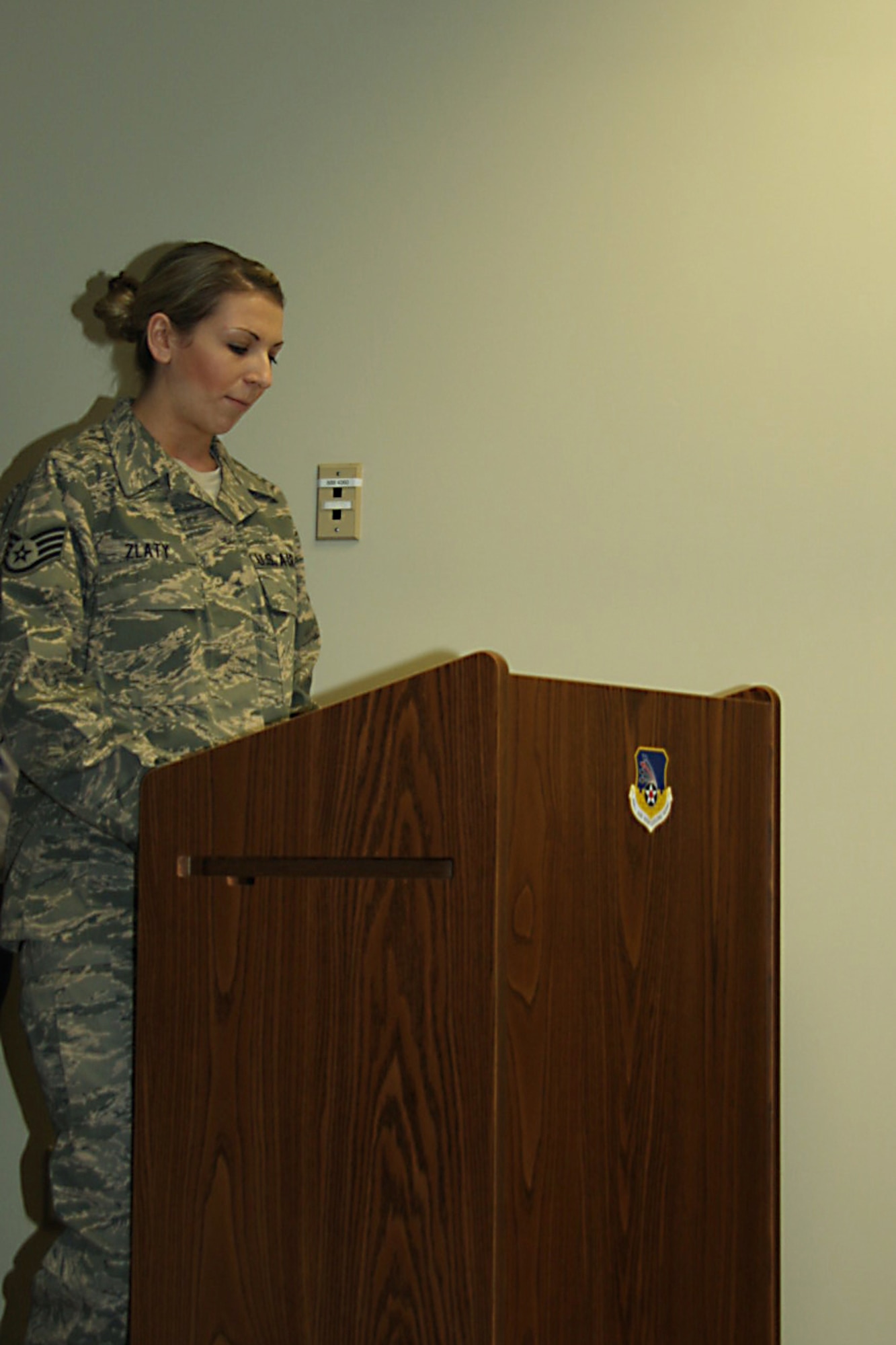 GRISSOM AIR RESERVE BASE, Ind. -- Staff Sgt. Eileen Zlaty, 434th Aerospace Medicine Squadron health service management apprentice, gives a speech about leadership during a noncommissioned officer leadership development course graduation here recently. The NCOLDC was established in 1989 in response to a need to provide meaningful, and challenging leadership training to mid-level enlisted personnel. (U.S. Air Force photo/Senior Airman Damon Kasberg)
