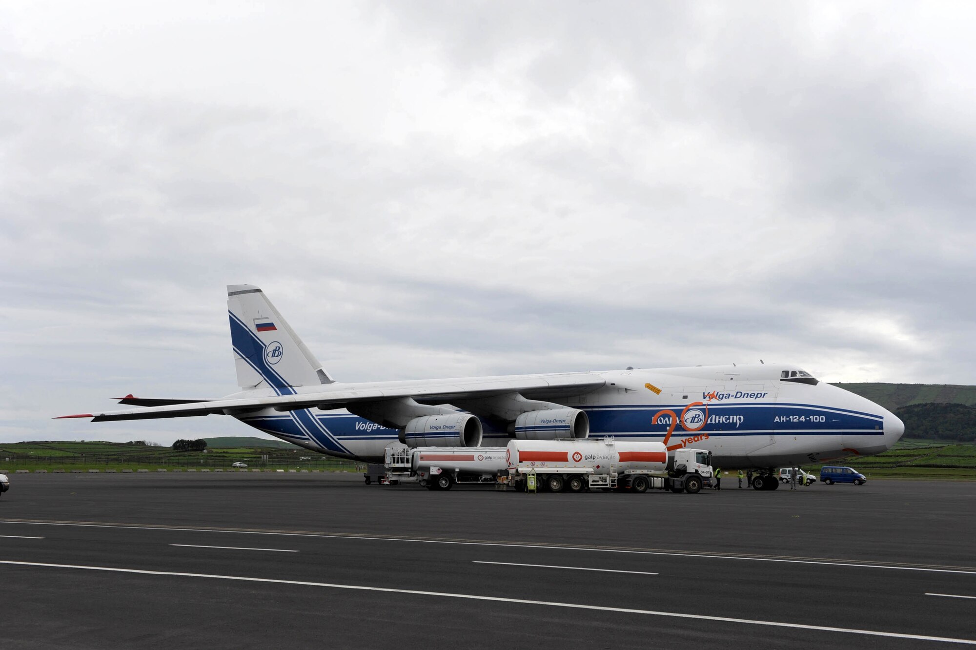 A Russian An-124 stops at Lajes Field, Azores, April 1, 2011 to receive fuel
before continuing across the Atlantic Ocean.  Lajes Field, which is capable of landing the space shuttle or any other airframe in the world, is a shared runway with the military and Portuguese air force.  (U.S. Air Force photo/Tech. Sgt. Chyrece Campbell)