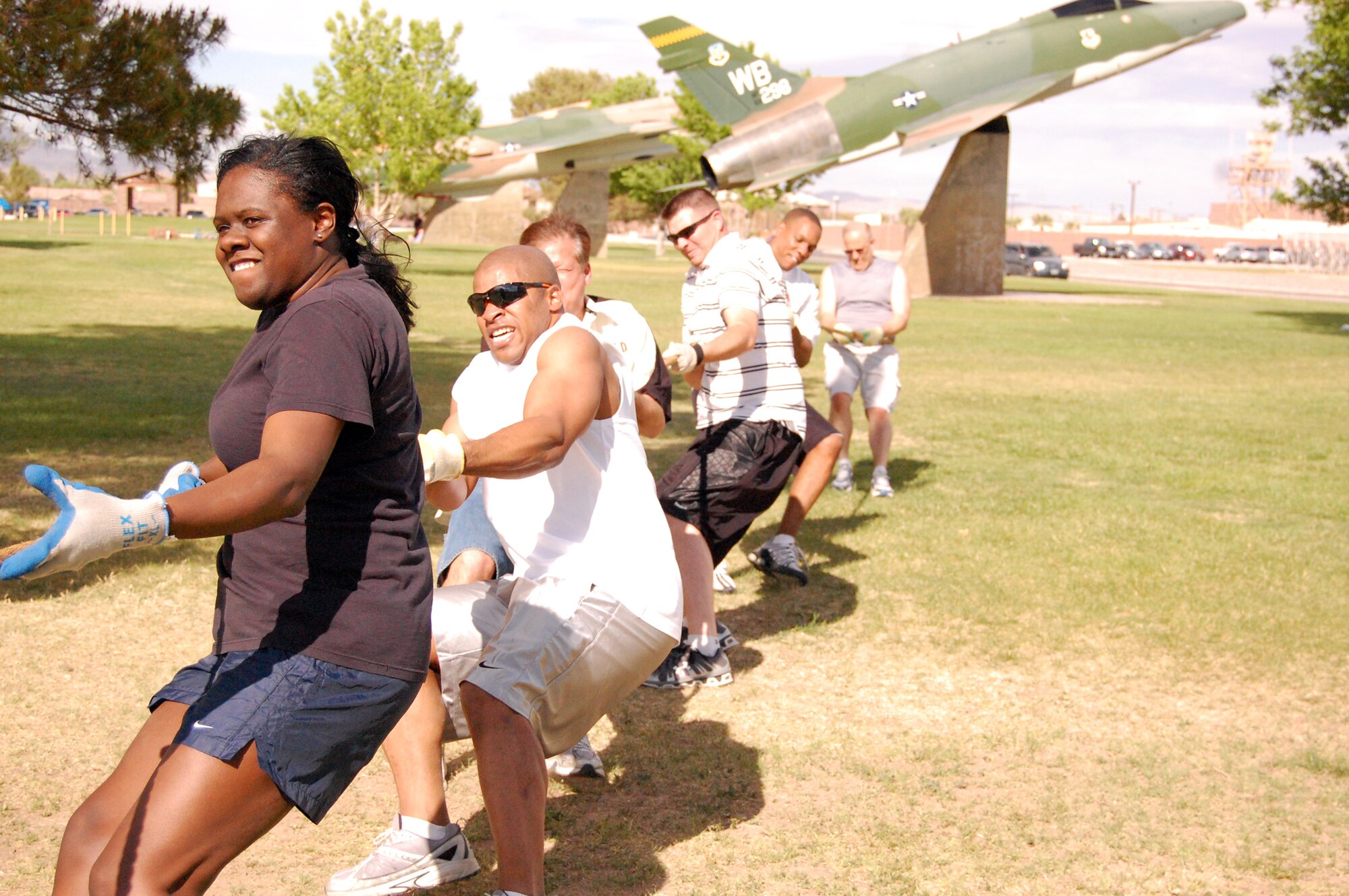 NELLIS AIR FORCE BASE, Nev. -- Members of the 926th Aerospace Medicine Squadron pull their way to victory during the 926th Group's second annual Commander's Cup here April 2. The 926th AMDS won the sports competition after battling the group's other squadrons in flag football, a running relay race and tug-of-war. (U.S. Air Force photo/Maj. Christopher Vasquez)