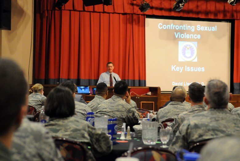 RAF MILDENHALL, England – Dr. David Lisak, associate professor of clinical psychology, University of Massachusetts, Boston, addresses senior leaders from RAFs Mildenhall, Lakenheath and Alconbury during the United Kingdom U.S. Air Force Sexual Assault Senior Leader Summit at the Galaxy Club here April 5, 2011. This was the first time leaders from around the U.K. gathered for an event of this magnitude. (U.S. Air Force photo/Airman 1st Class Rachel Waller)