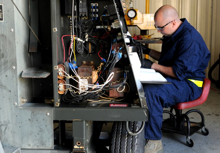 Tech. Sgt. Casey Luedke, 23rd Equipment Maintenance Squadron aerospace ground equipment assistant NCO in charge, uses the wiring manual to correct an electronic flaw during routine inspection at the AGE compound at Moody Air Force Base, Ga., April 5. The inspection shop ensures ground equipment is safe and mechanically sound before sending it back to work on the flightline. (U.S. Air Force photo/Airman 1st Class Benjamin Wiseman)(RELEASED)