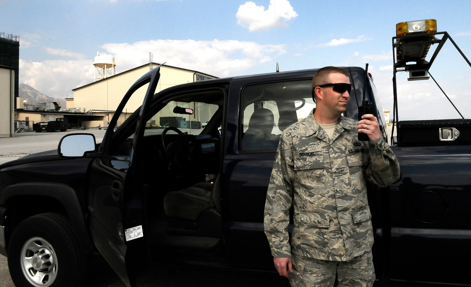 Tech. Sgt. William DeAngel, 31st Operations Support Squadron acting airfield manager, communicates with the control tower March 23. The 31st Operations Group’s Airfield Management and Air Traffic Control Facilities were recently named the 2011 United States Air Forces in Europe Ronald D. McCarthy Airfield Management Facility of the Year and the Ray D. Hardin Air Traffic Control Facility of the Year, respectively. (U.S. Air Force photo by Airman 1st Class Katherine Windish)