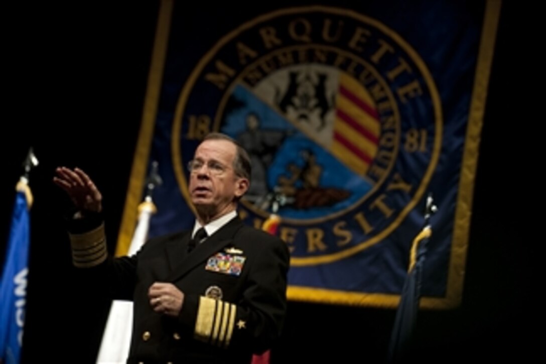 Chairman of the Joint Chiefs of Staff Adm. Mike Mullen, U.S. Navy, delivers remarks at Marquette University in Milwaukee, Wis., on April 5, 2011.  Mullen and his wife Deborah stopped in Wisconsin on their ongoing "Conversation with the Country," tour.  