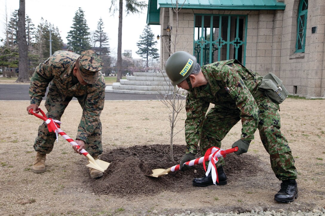 U.S. Marine Corps Col. Craig Timberlake, left, commander of 3rd Marine Expeditionary Brigade, III Marine Expeditionary Force, out of Okinawa, and Japan Self-Defense Force Lt. Gen Eiji Kimizuka, Joint Task Force Tohoku commander, plant a dogwood tree to symbolize the ongoing friendship between Japan and the U.S., Sendai, Japan, April 7, 2011. Kimizuka and Timberlake were participating in a ceremony to commemorate the transfer of authority within the U.S. Forces, during Operation Tomodachi, from the Marine Corps to the Army.